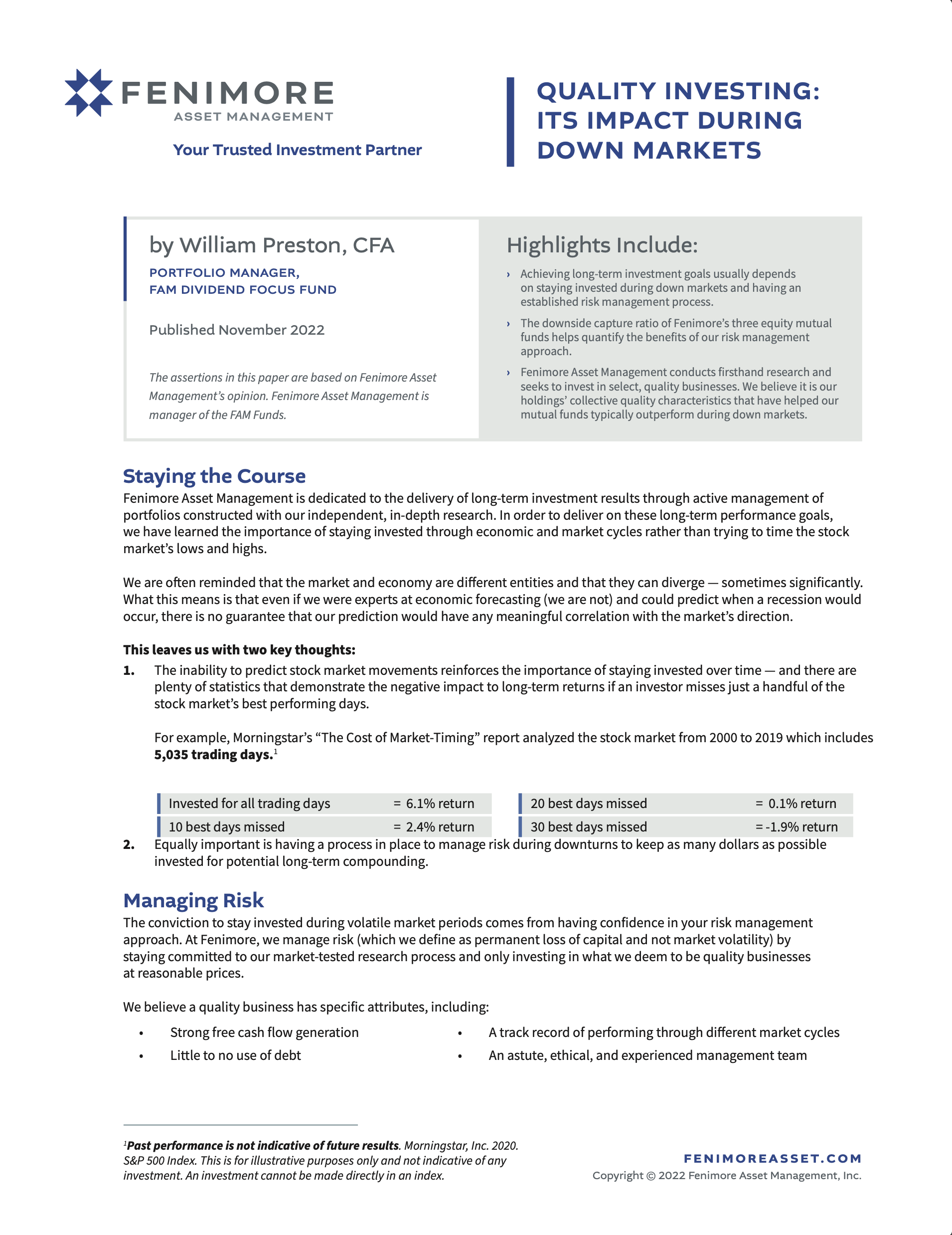 Quality Investing: Its Impact During Down Markets